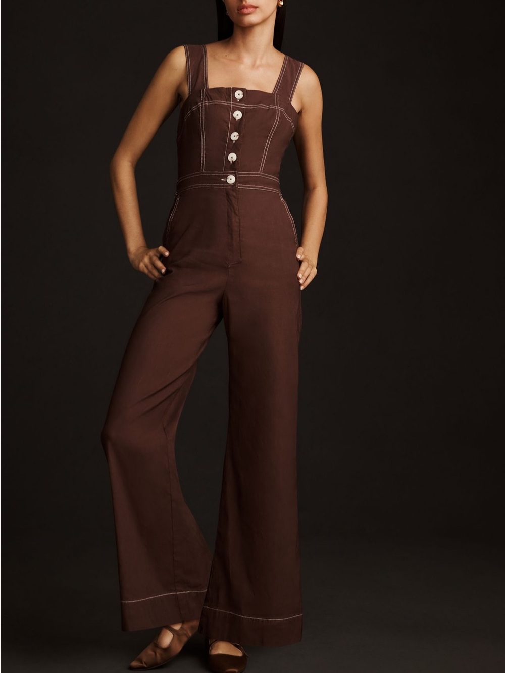 Anthropologie Brown Wide-Leg Utility Jumpsuit with Contrast Stitching